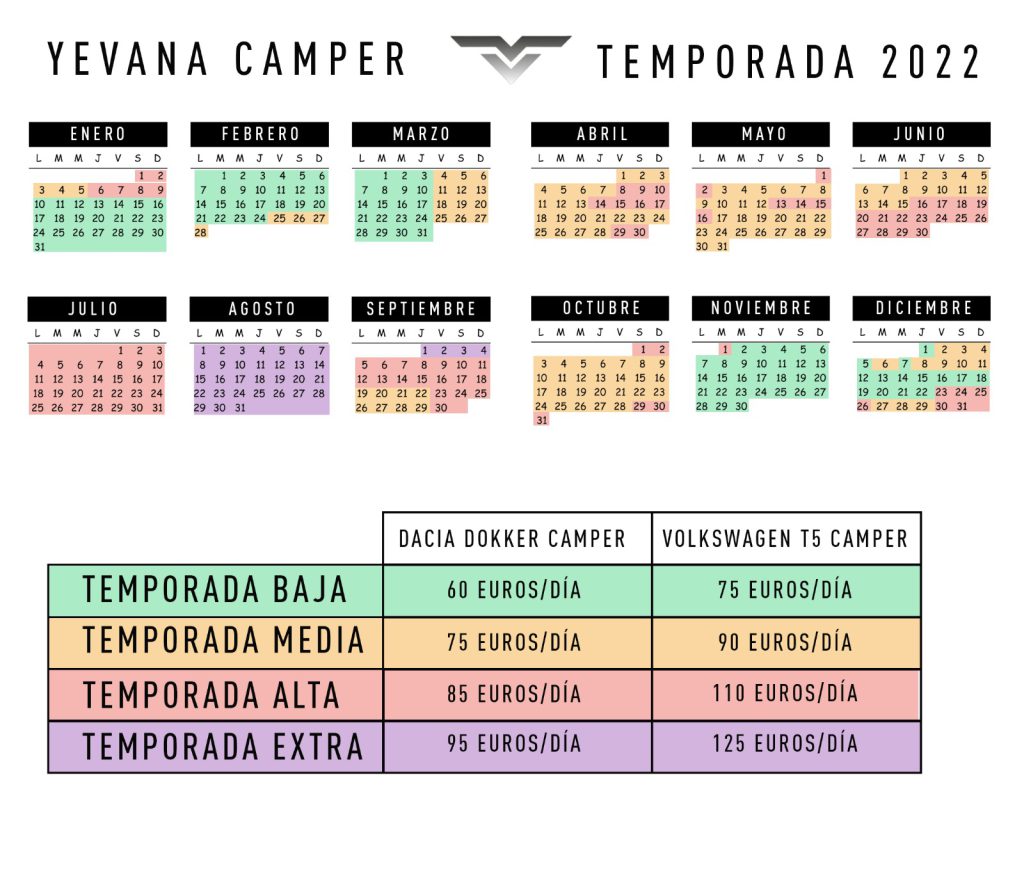 calendario 2022 yevana alquiler furgonetas camper madrid